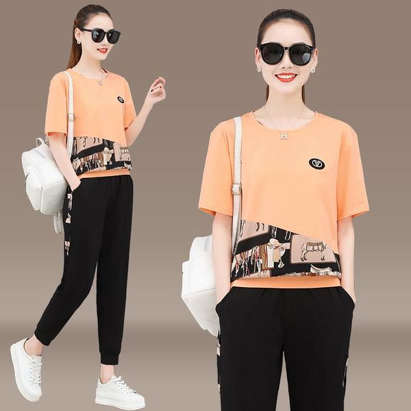 

the horse printed summer women elegant short sleeve pants sets female casual outfits jogger two piece set korean sports suit women's, White