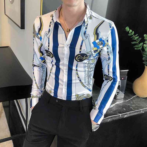 

t shirts british style luxury printing long sleeve dressed for men's clothes 2021 fashion club prom thin tux fit homme blouse gdo1, White;black