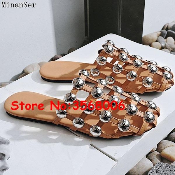 

slippers studs ball cut-outs slip-on caged toe woman flats shoes luxury girls summer slides flip flops feminina, Black