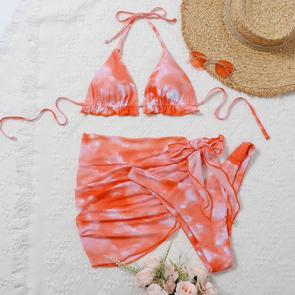

2021 new tie dye halter ruffled bikini women swimwear female swimsuit 3 pieces bikini set mesh short skirt bathing suit swimby