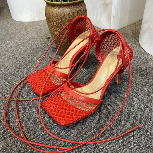

sandals square toe women gladiator mesh red ankle strap high heels lady summer shoes yellow prom pumps size43 green sandalias, Black