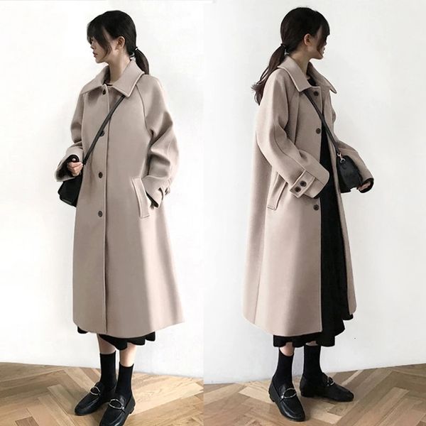 

women's trench coats 2021 winter ladies wool blend jacket elegant single cardigan button female cashmere coat, Tan;black