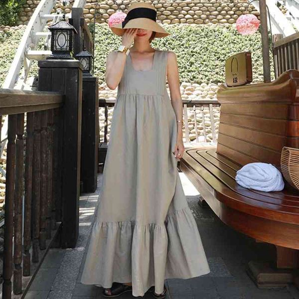 Летние свободные Casual Хлопковое белье Корея без рукавов подтяжки платья платья девушка женщина большой размер E060 210603