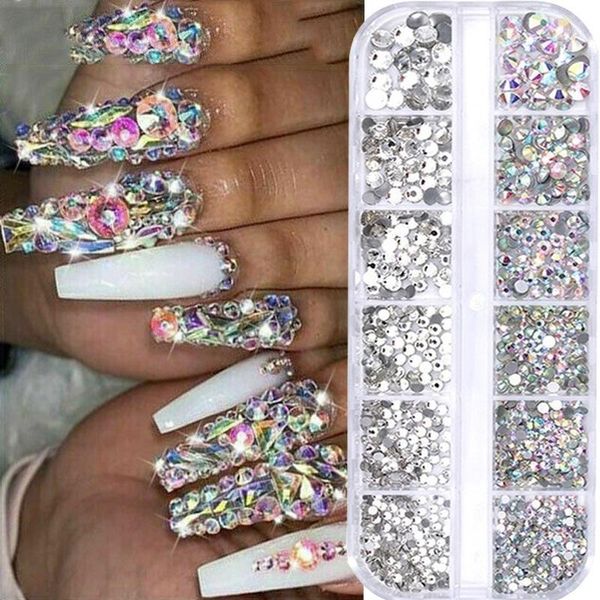 

grids colorful crystal nail art rhinestones acrylic stones beads studs flat back glitter tips 3d nails decorations1, Silver;gold