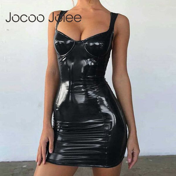 

pu leather dress women spaghetti strap backless club party short faux push up bra mini micro 210619, Black;gray