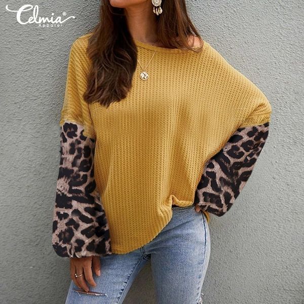 

blouses celmia leopard printed patchwork knitted blouse women 2021 spring lantern sleeve casual blusas fashion knitwear shirts 5xl, White