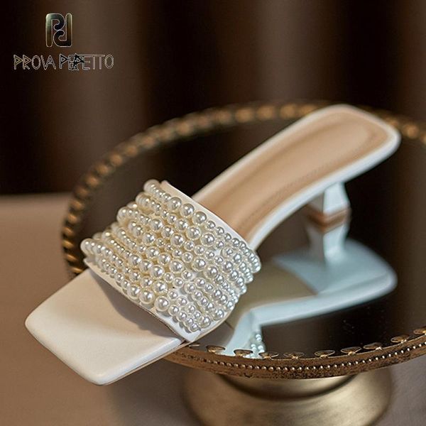 

slippers 2021 summer pearl stiletto square toe open white mid-heel gentle all-match dress sandals and women, Black