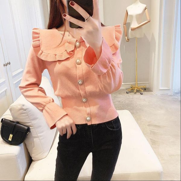 

sweater womens women spring korean fashion doll collar temperament bell sleeve knit cardigan drop, White;black