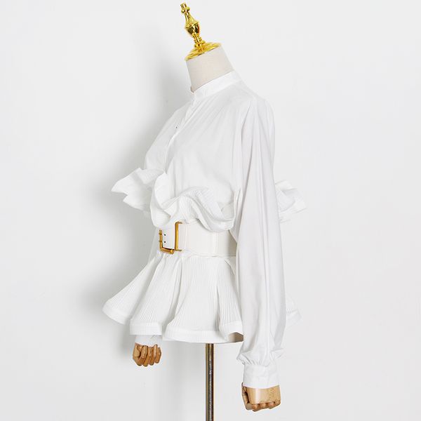 

blouses elegant patchwork ruffle sashes for women stand collar long sleeve korean tunic blouse female fashion, White