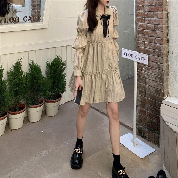 

casual dresses plaid mini dress sweet long sleeve autumn bowknot ruffle black for women preppy shirt collar button up girl, Black;gray