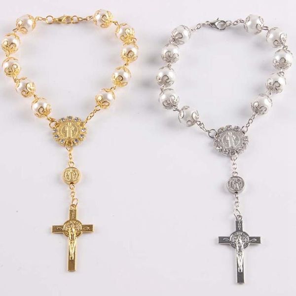 

bracelet imitation pearl beads catholic rosary holy communion cup gift cross crucifix pendants alloy jewelry link, chain, Black
