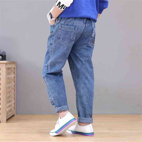 

fashion spring boys jeans cartoon elastic waist denim trouser for teenage school cotton children clothing 4 5 6 8 12 16yrs 210622, Blue