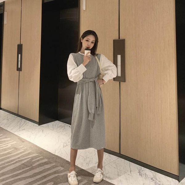 

casual dresses long sleeve dress elegant patchwork o-neck empire sashes a-line causal style autumn fashion brand women's clothing, Black;gray