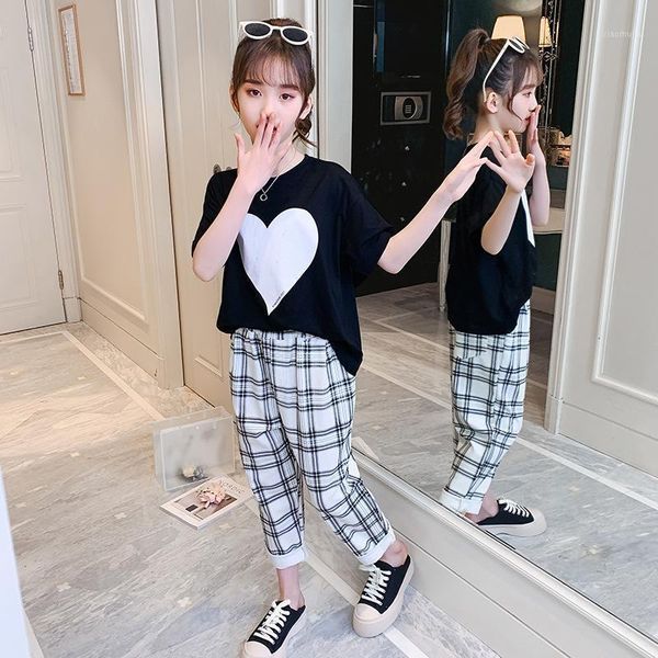 

2021baby girls clothes summer children cotton short sleeve + plaid pants outfit clothing for kids sets 5 7 9 11 12 year, White