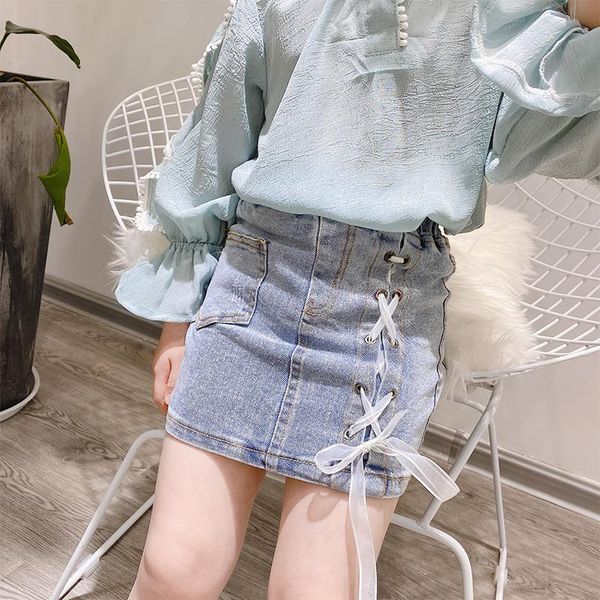 

spring summer girls skirt baby denim kids fashion children streetwear bottoms crop ribbon lacing pocket 3 to 9 yrs skirts, Blue