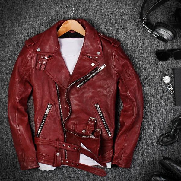 

men's leather & faux 2021 men red genuine motorcycle jacket plus size xxxl real sheepskin diagonal zipper biker coat, Black