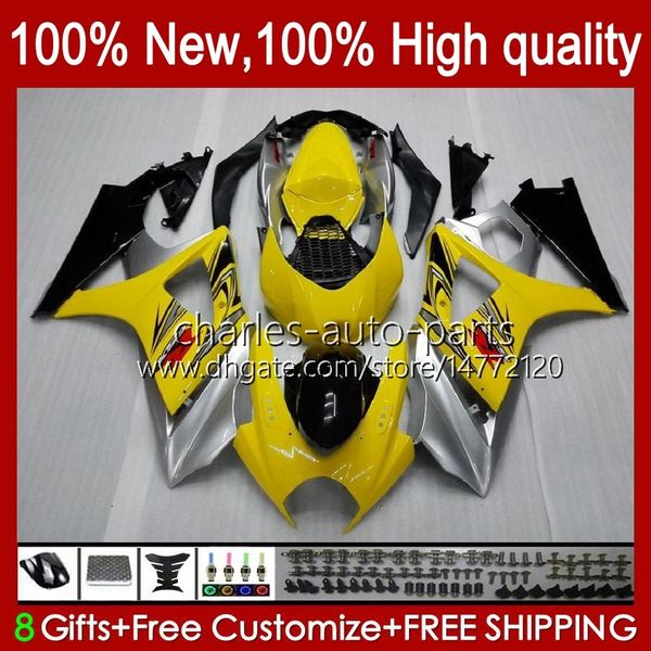 Corpo da motocicleta para Suzuki GSX R1000 GSXR 1000 1000CC Feedings K7 07 08 48NO.10 GSXR1000 GSXR-1000 GSXR1000CC 2007 2008 GSX-R1000 2007-2008 OEM Fairing Amarelo Prateado