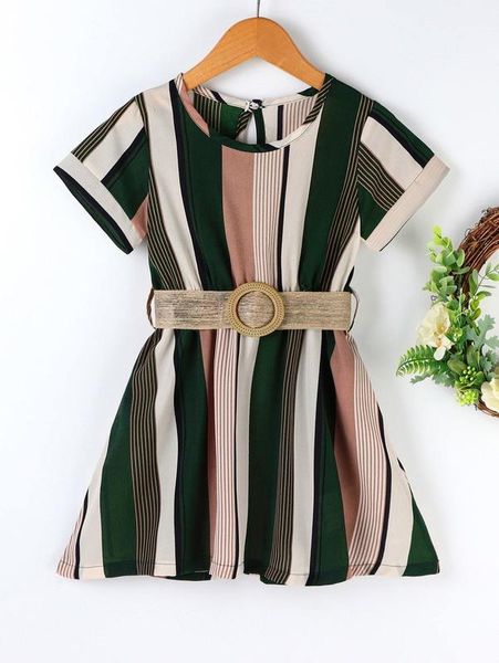 

toddler girls striped colorblock keyhole back belted dress she, Red;yellow