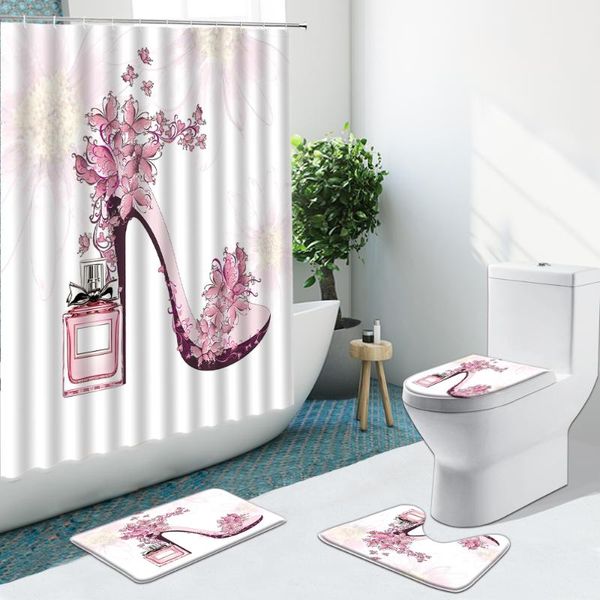 

shower curtains pink high heels perfume red lips printed non-slip flannel rug bathroom set bath mat home decor toilet cover