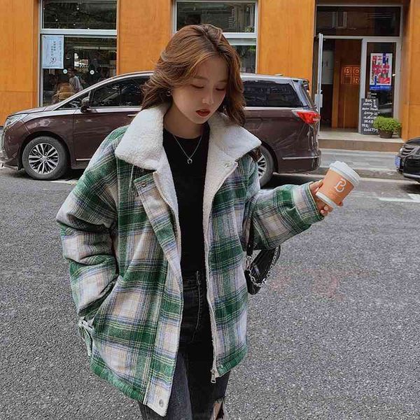 

jacket female winter coat korean style vintage plaid wool lining women's oversize jacket, Black;brown