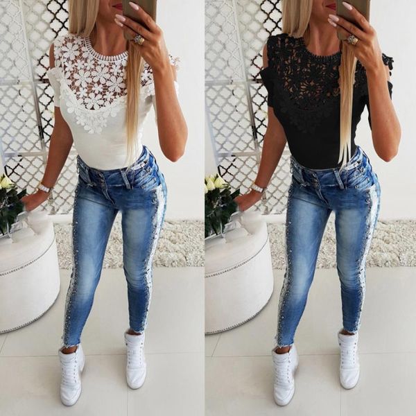 

sale women slim tunic lace o neck shirts 2021 elegant summer short sleeve blouse flower hollow out streetwear women's blouses &, White