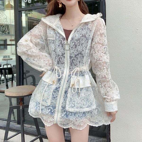 

summer sweet lace embroidery sun protection hooded jacket coat women zipper casual drawstring vacation chic 210518, Black;brown