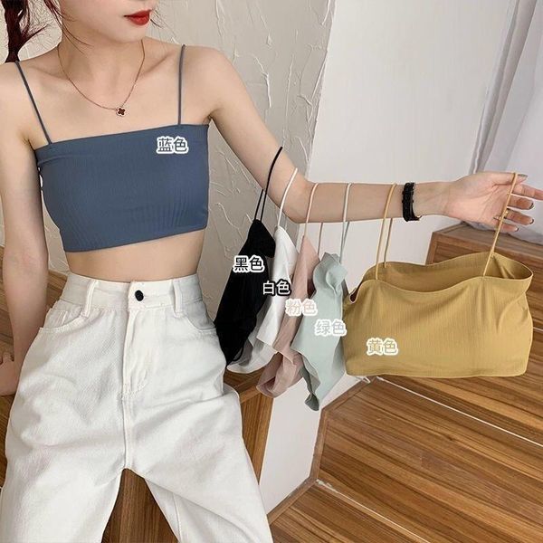 

camisoles & tanks ice silk suspender bra back anti walk light show small chest bottom wrap female korean girl, Black;white