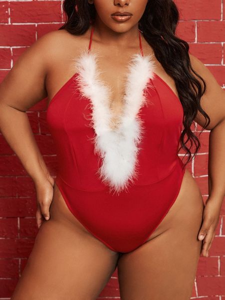 

plus fuzzy trim christmas costume bodysuit 063v#, Black;white