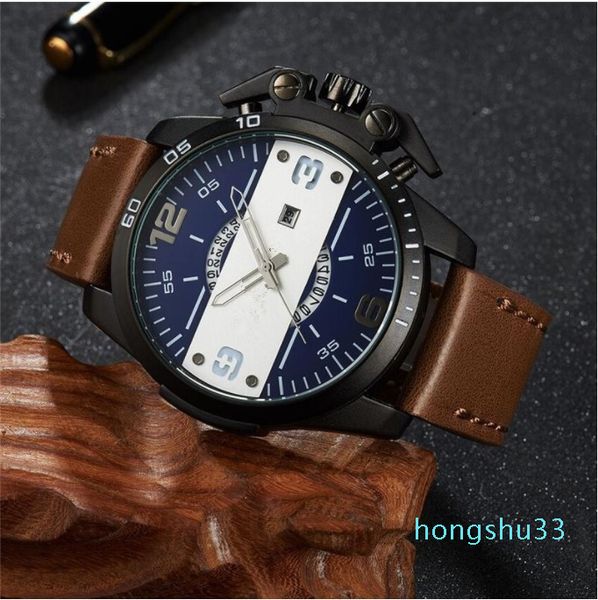 

design big watch sport men cool button auto date leather strap men's quartz wristwatch luxury man military watches wristwatches, Slivery;brown