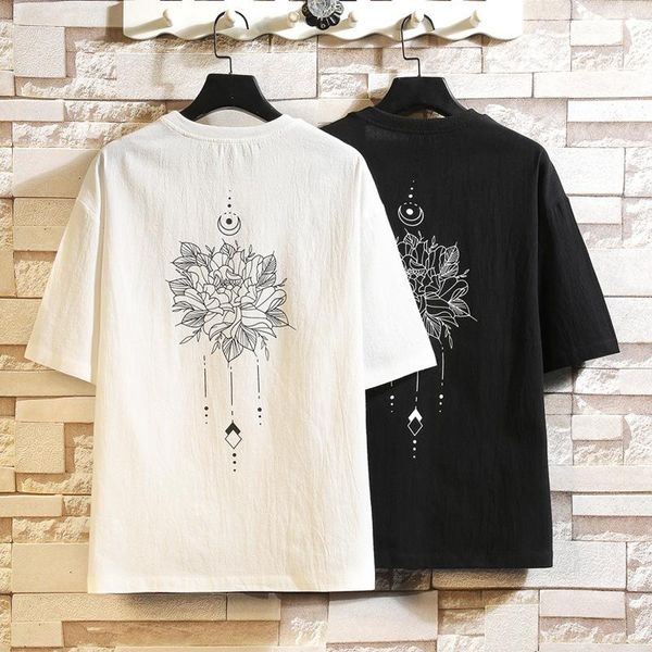 

men's t-shirts linen short sleeve retro men clothing shirts 2021 summer breathable chinese painting half t-shirt, White;black