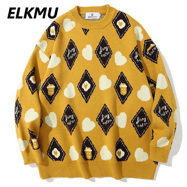 

men's sweaters elkmu harajuku oversize knitted streetwear mens autumn argyle knitwear jumper sweater yellow male hm459, White;black