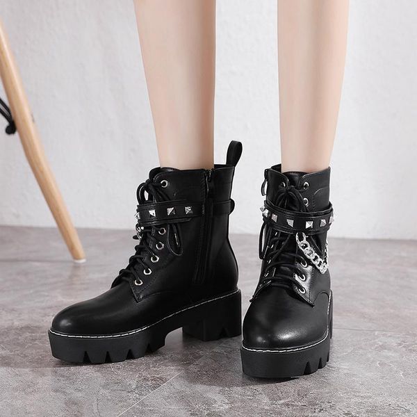 

boots ankle punk style black waterproof platform shoes lace up cross-tied autumn winter thick bottom ljb242