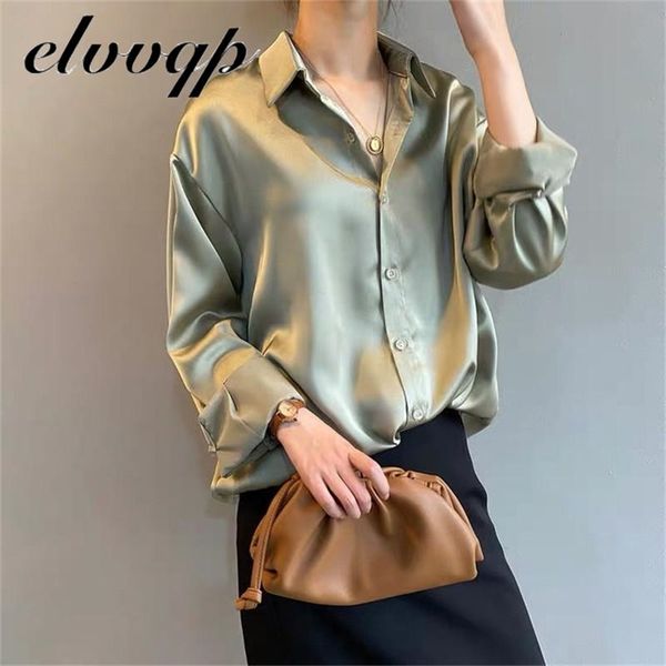 

spring fashion button up satin faux silk shirt vintage blouse women white lady long sleeves female loose street shirts 210719
