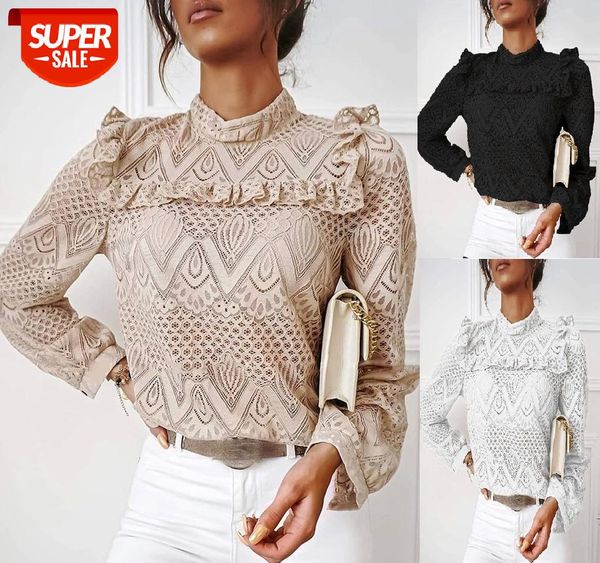 

elegant lace shirt autumn spring wild long sleeve solid color slim t-shirt hollow ruffle shoulder round neck for women #zn8l, White