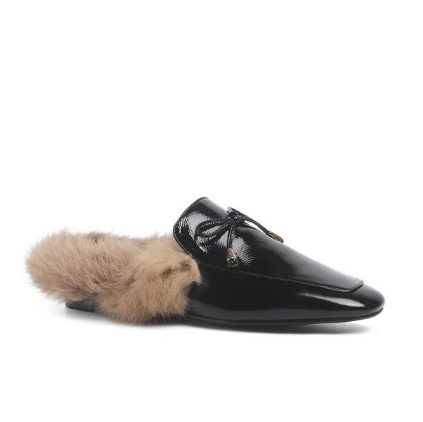 

slippers women's muller shoes real leather fabric bow warm fluffy hair autumn winter fashion comfortable women, Black