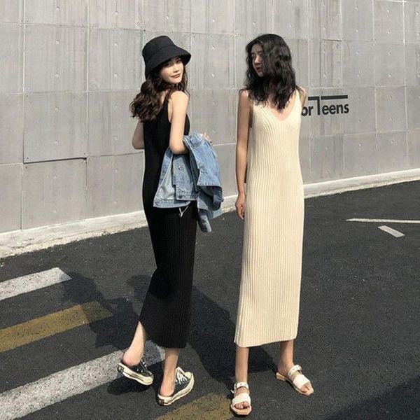 

casual dresses sleeveless dress women solid v-neck long straight chic all-match knitting summer elegant ribbed soft designed trendy ulzzang, Black;gray