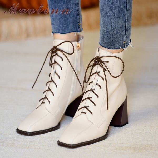 

meotina women short boots shoes genuine leather high heel ankle boots square toe block heels lace up zip boots lady autumn beige 210520, Black