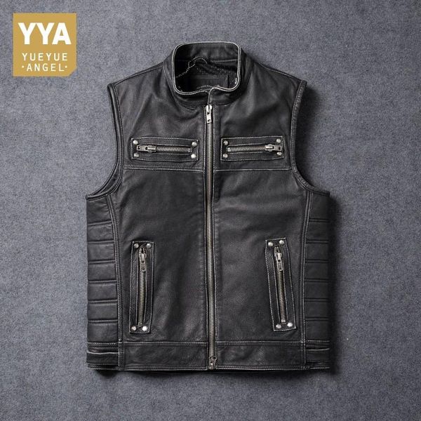 

men's leather & faux brand 100% real cow sleeveless jacket mens vest zip stand collar motorcycle rock luxury coats plus size 5xl, Black