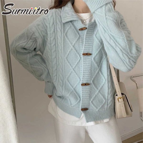 

surmiitro turndown collar cardigan women autumn winter korean japanese long sleeve sweater female knit jacket coat knitwear 210712, White;black