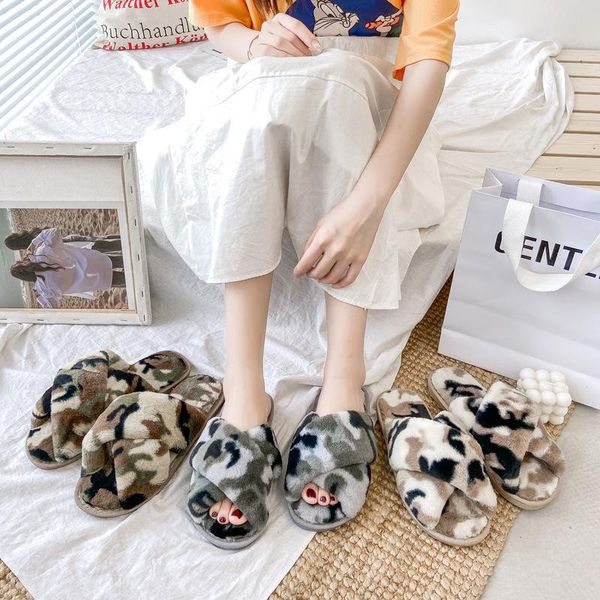 

style camouflage cross plush slipper women's winter selling large size indoor open toe wood floor cotton slippers, Black