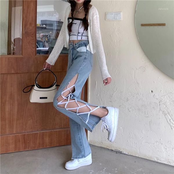 

women's jeans style side splits irregular high waist straight wide leg trousers plus size hollow out denim pants female, Blue