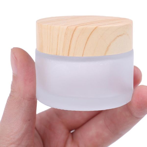 

5g frosted glass jar skin care eye cream jars pot refillable bottle cosmetic container with wood grain lid storage bottles &