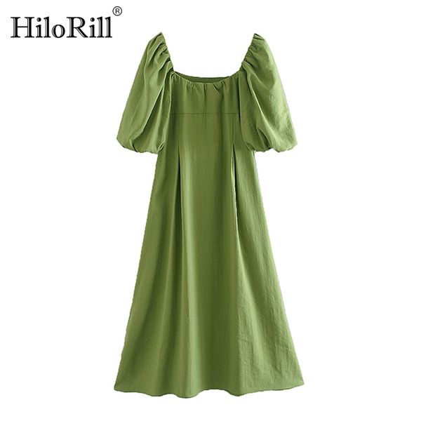 

women green pleated midi dress puff short sleeve summer es square collar solid casual ladies sundress 210508, Black;gray