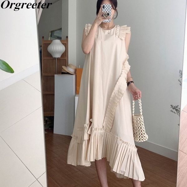 

summer chic flying sleeve loose solid irregular mid long dresses for women pleated ruffles stitching a-line dress 210525, Black;gray