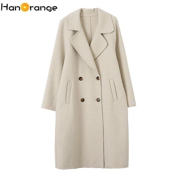 

women's wool & blends hanorange long coat high-end temperament women double-breasted double-sided woolen overcoat, Black