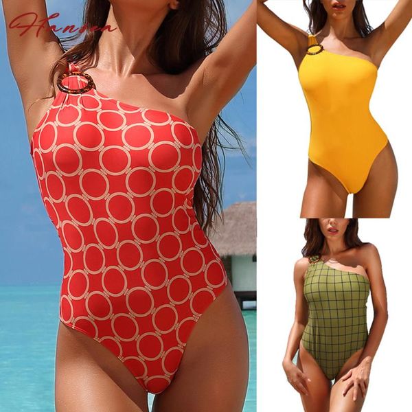 

retro plaid one piece monokini shoulder snug fit swimwear solid yellow vintage bathing suit women swimsuit tortoise ring one-piece suits