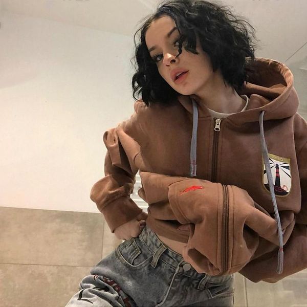 

women's hoodies & sweatshirts y2k zip-up hoodie women long sleeve hip hop streetwear print sweatshirt autumn harajuku punk e-girl outwe, Black
