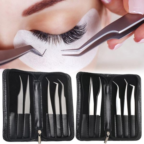 

5pcs stainless steel anti-static eyelash tweezers tool kit with leather case grafting extension eyebrow forceps1