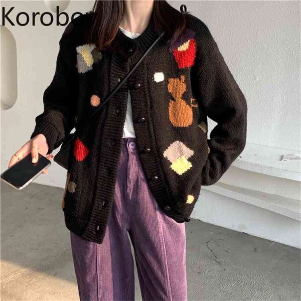 

korobov korean knit o neck long sleeve women sweaters vintage single breasted autumn outwear streetwear thick cardigans 210430, White