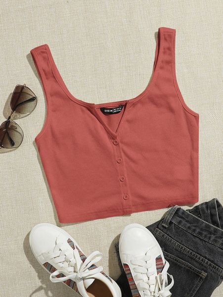

notched neck button-front cropped tank d2ld#, White